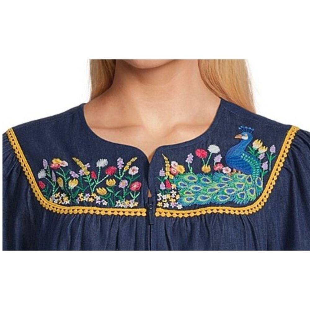 Go Softly Embroidered Peacock Floral Denim Zip Patio Dress | Sz M, Mumu Caftan - Picture 2 of 3